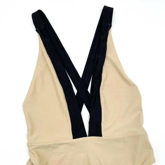 New Michael Costello Talliah One Piece Swimsuit Tan Black Crisscross Back Sz S - Picture 5 of 10
